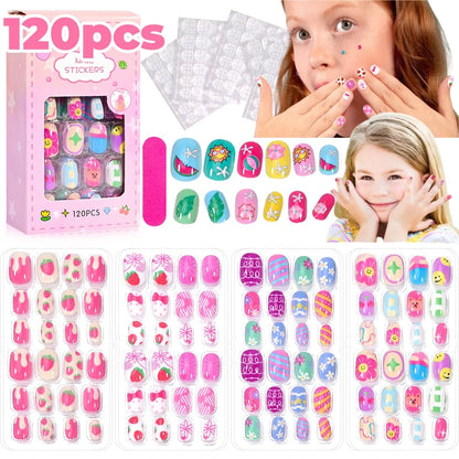120 Pcs Children's Press on Nails Kids Cartoon Acrylic Fake Nails Tips