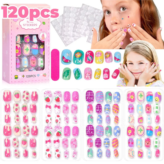 120 Pcs Children's Press on Nails Kids Cartoon Acrylic Fake Nails Tips
