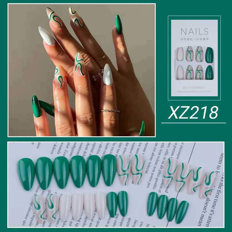 24Pc Simple French Medium length False Nails with Rhinestone