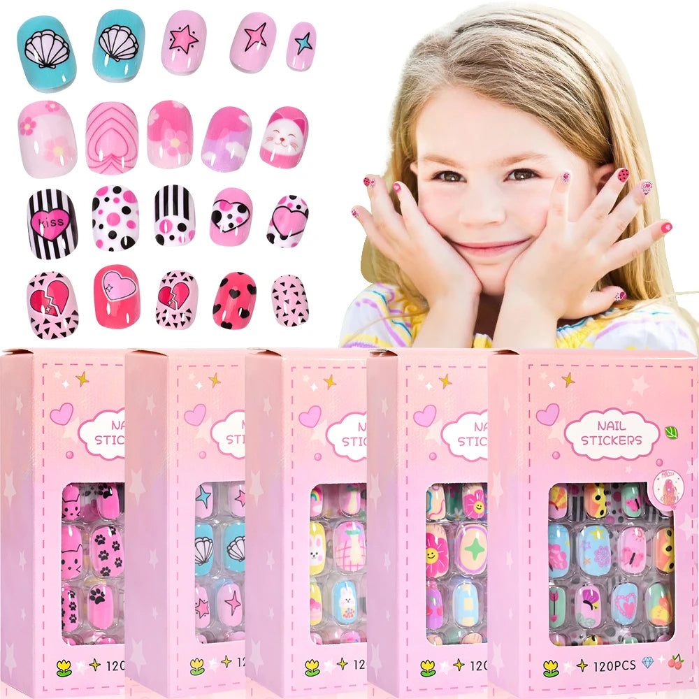 120 Pcs Children's Press on Nails Kids Cartoon Acrylic Fake Nails Tips