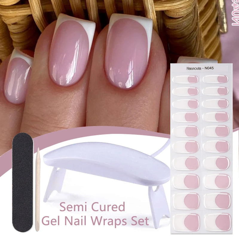 Harunouta 4pcs/set French Semi Cured Gel Nail Strips with Nail Lamp