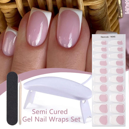 Harunouta 4pcs/set French Semi Cured Gel Nail Strips with Nail Lamp