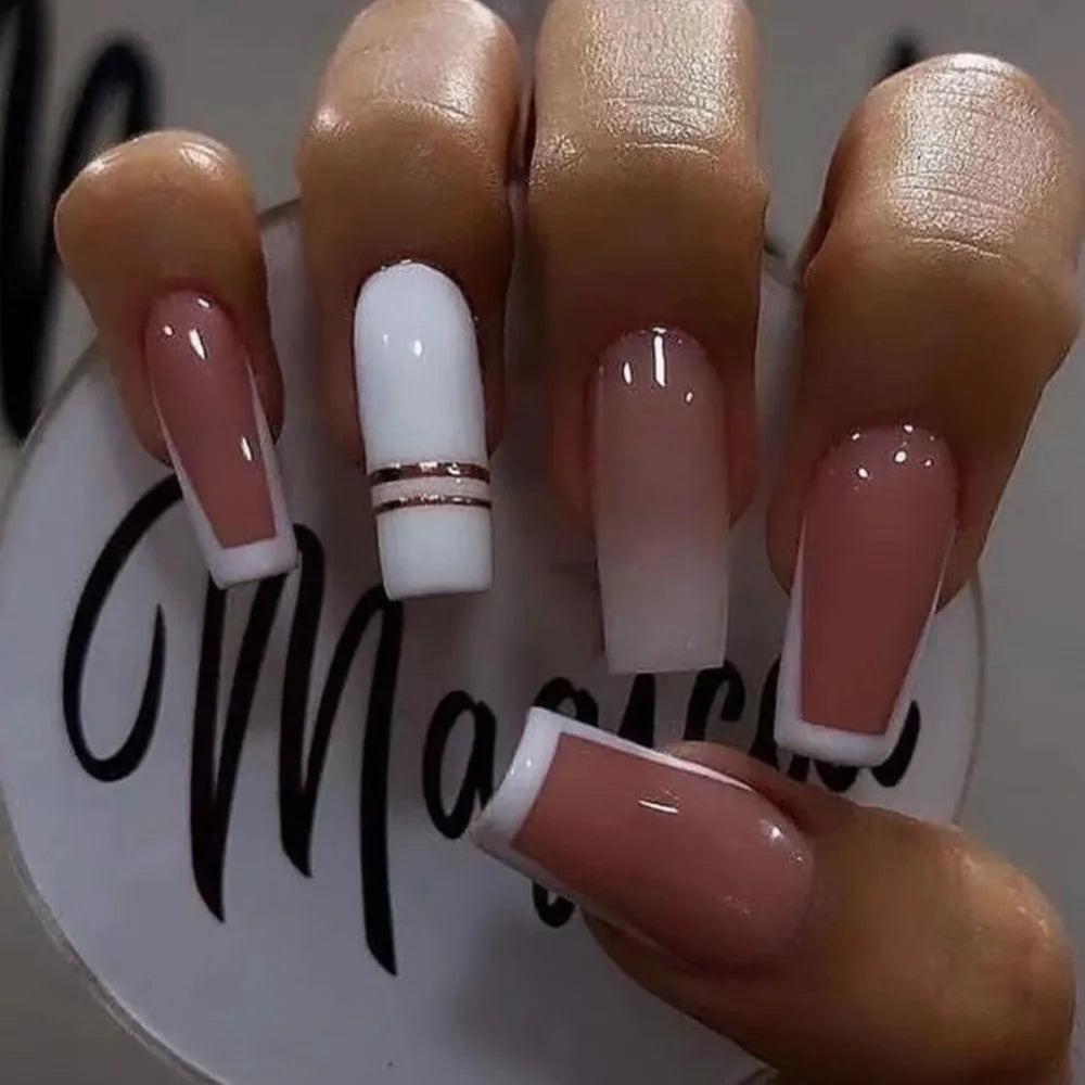 24Pc Simple French Medium length False Nails with Rhinestone