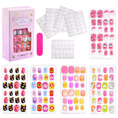 120 Pcs Children's Press on Nails Kids Cartoon Acrylic Fake Nails Tips