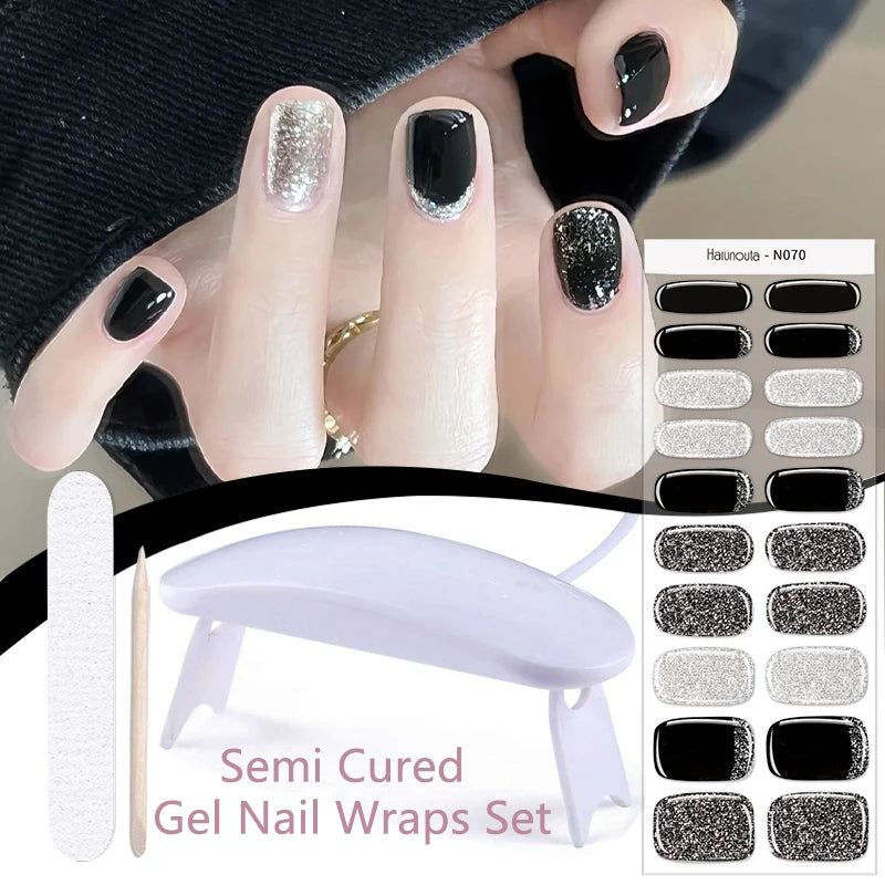 Harunouta 4pcs/set French Semi Cured Gel Nail Strips with Nail Lamp