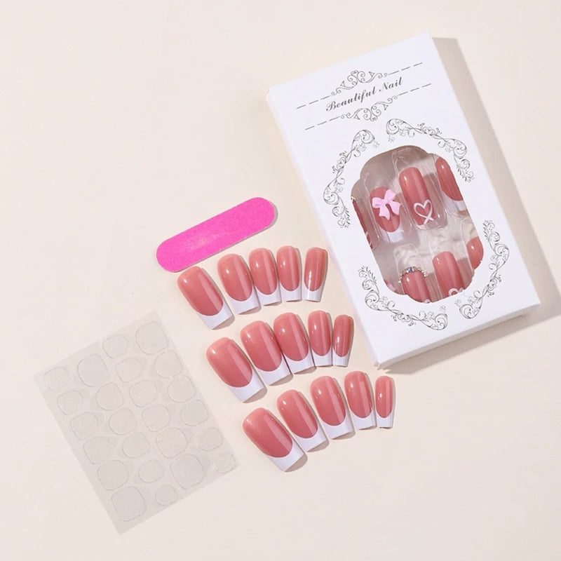 24pc Chic Bow Adorned Press On Nails Medium Long False Nails