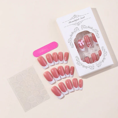 24pc Chic Bow Adorned Press On Nails Medium Long False Nails
