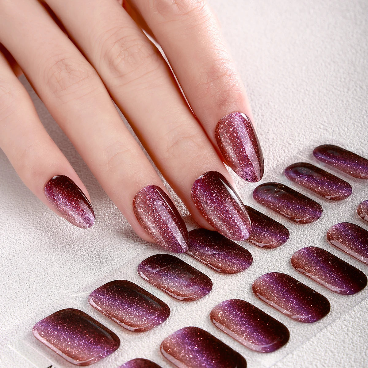 16 Tips Gradient Semi Cured Gel Nail Strips Shinning Cat Eye