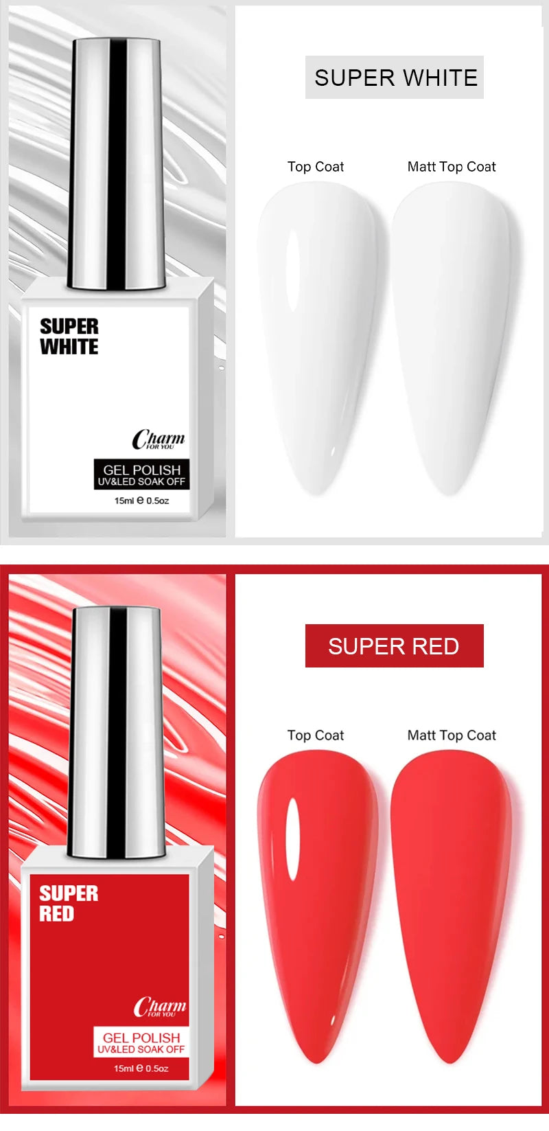 Charm 15ml Classic Gel Nail Polish Vibrant Black, White, and Red Shades