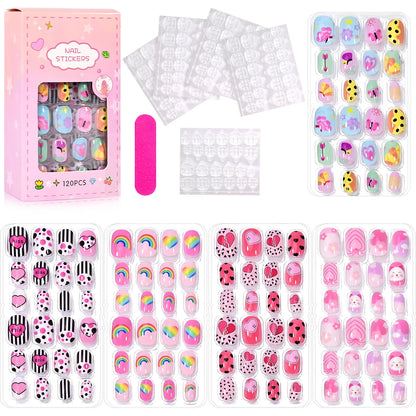 120 Pcs Children's Press on Nails Kids Cartoon Acrylic Fake Nails Tips