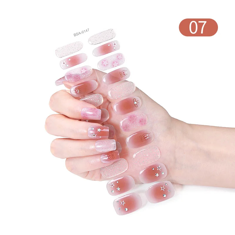 22 Tips Gradient Colorful Semi-cured Gel Nail Strips Luminous Full Cover