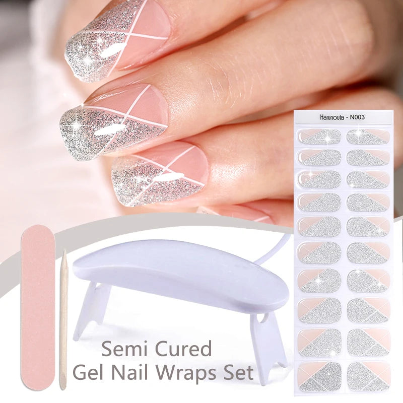 Harunouta 4pcs/set French Semi Cured Gel Nail Strips with Nail Lamp