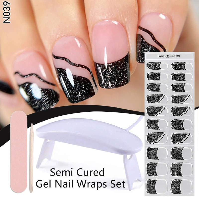 Harunouta 4pcs/set French Semi Cured Gel Nail Strips with Nail Lamp