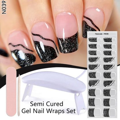 Harunouta 4pcs/set French Semi Cured Gel Nail Strips with Nail Lamp
