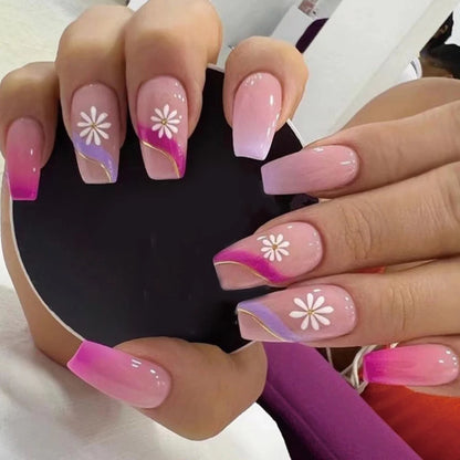 24Pc Simple French Medium length False Nails with Rhinestone