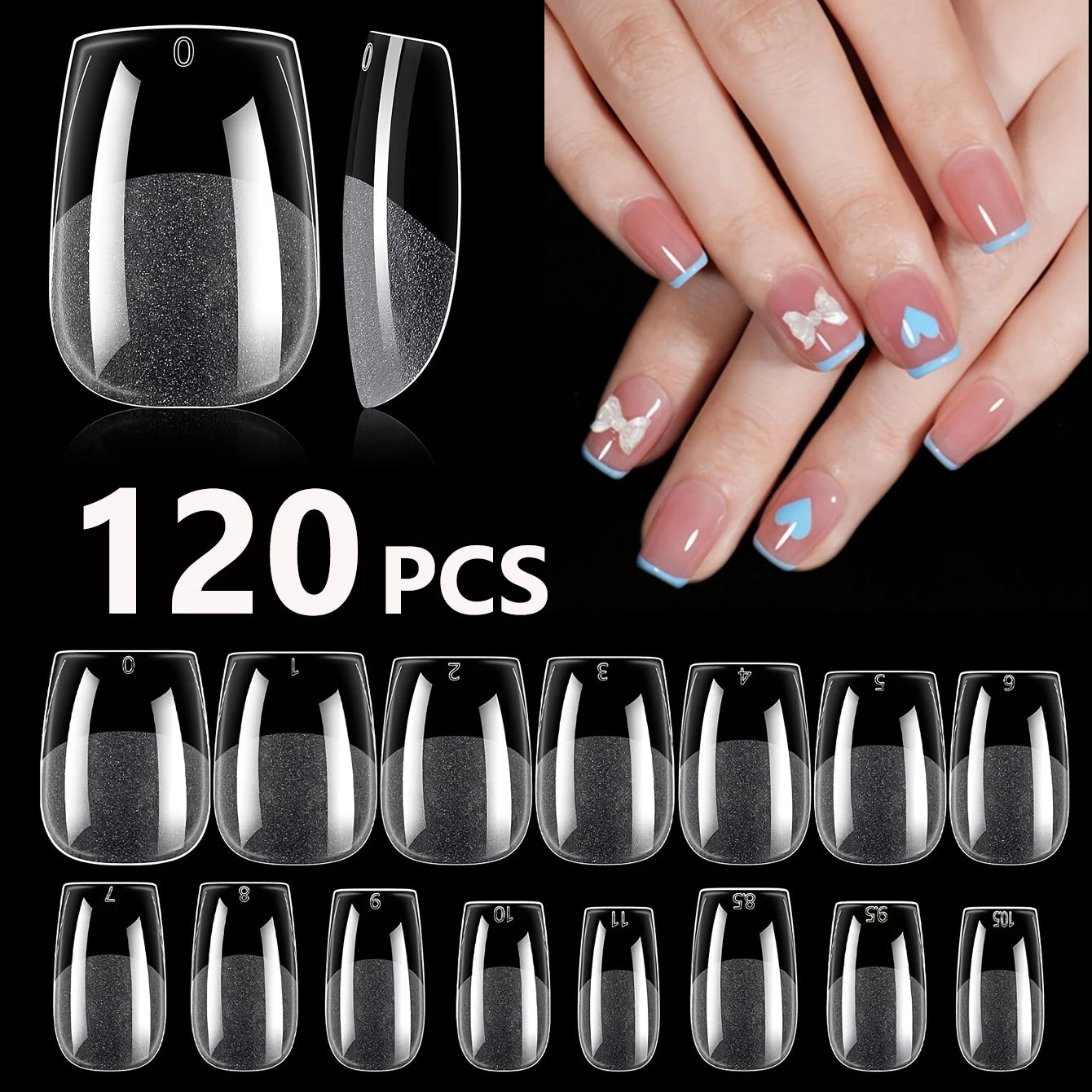 120Pcs Long Clear Various Size Nail Tips for Acrylic Nails