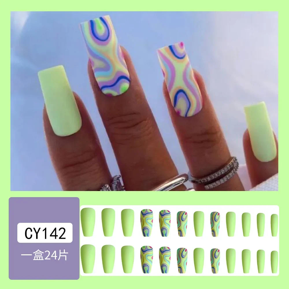 24Pc Simple French Medium length False Nails with Rhinestone
