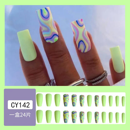 24Pc Simple French Medium length False Nails with Rhinestone