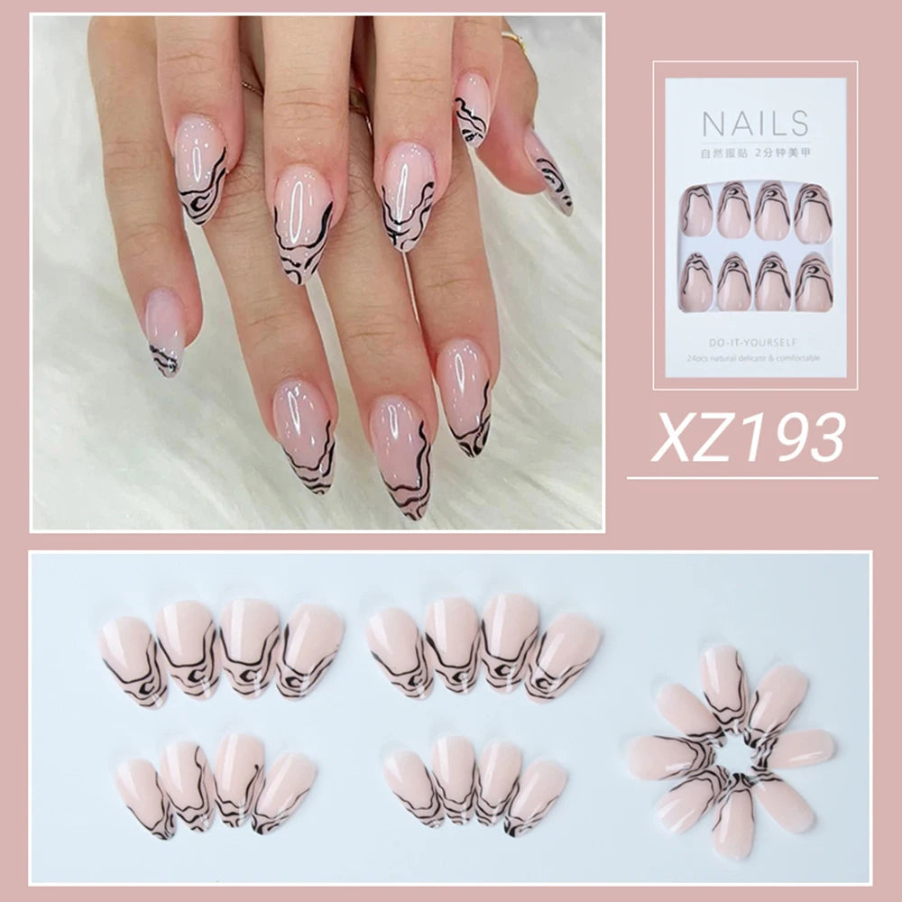 24Pc Simple French Medium length False Nails with Rhinestone