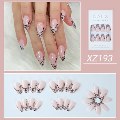 24Pc Simple French Medium length False Nails with Rhinestone